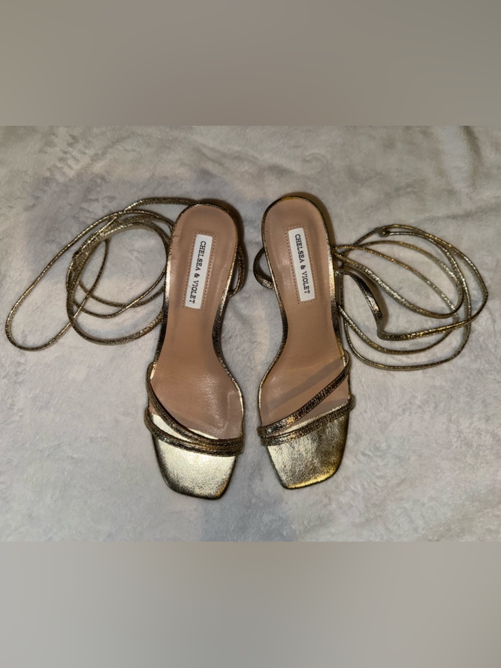 Chelsea & Violet Metallic Gold Wrap Lace Heeled Sandals